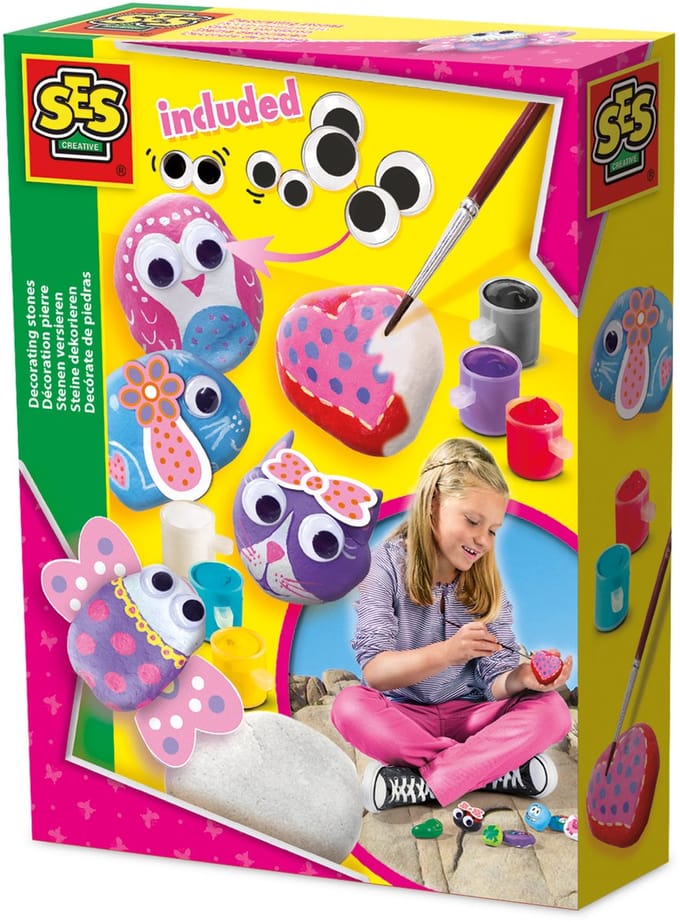 SES Creative - Hobby Pink - Stenen Schilderen - Knutselen Meisjes - 6 Kleuren Verf, Penseel, Gekleurde Prints - Vanaf 5 jaar