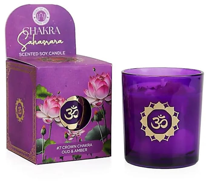 Soja geurkaars Sahasrara chakra oud & amber – Ø7 cm x 8 cm