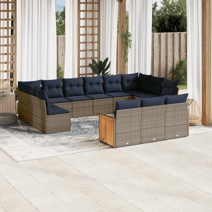 vidaXL - 13-delige - tuinbankset - met - kussens, - grijs - polyrotan