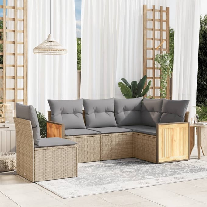 vidaXL - 5-delige - Loungeset - met - kussens - poly - rattan - beige
