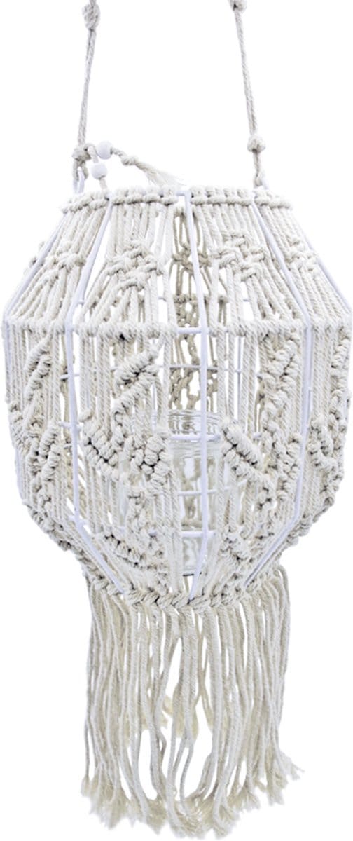 Lavandoux - Macramé Hangend Windlicht - Lantaarn - Ø24 - Crème
