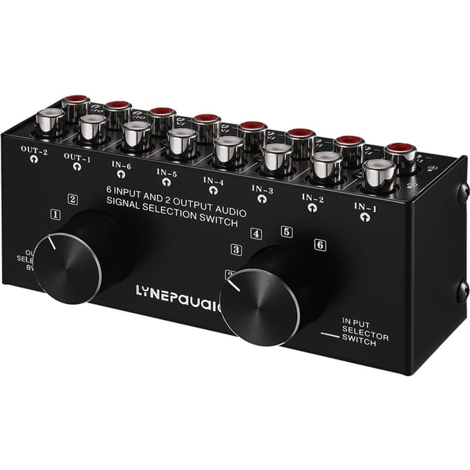 6-in-2-uit audioschakelaar Tweeweg audiosignaalselectiebox splitterdistributeur met RCA-ingangen en