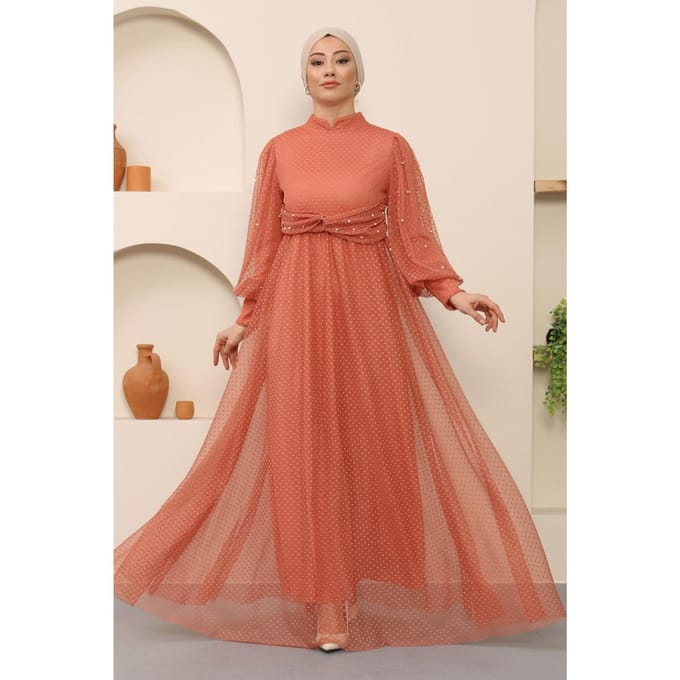 Parel Detailed Tule Avondjurk Zalm