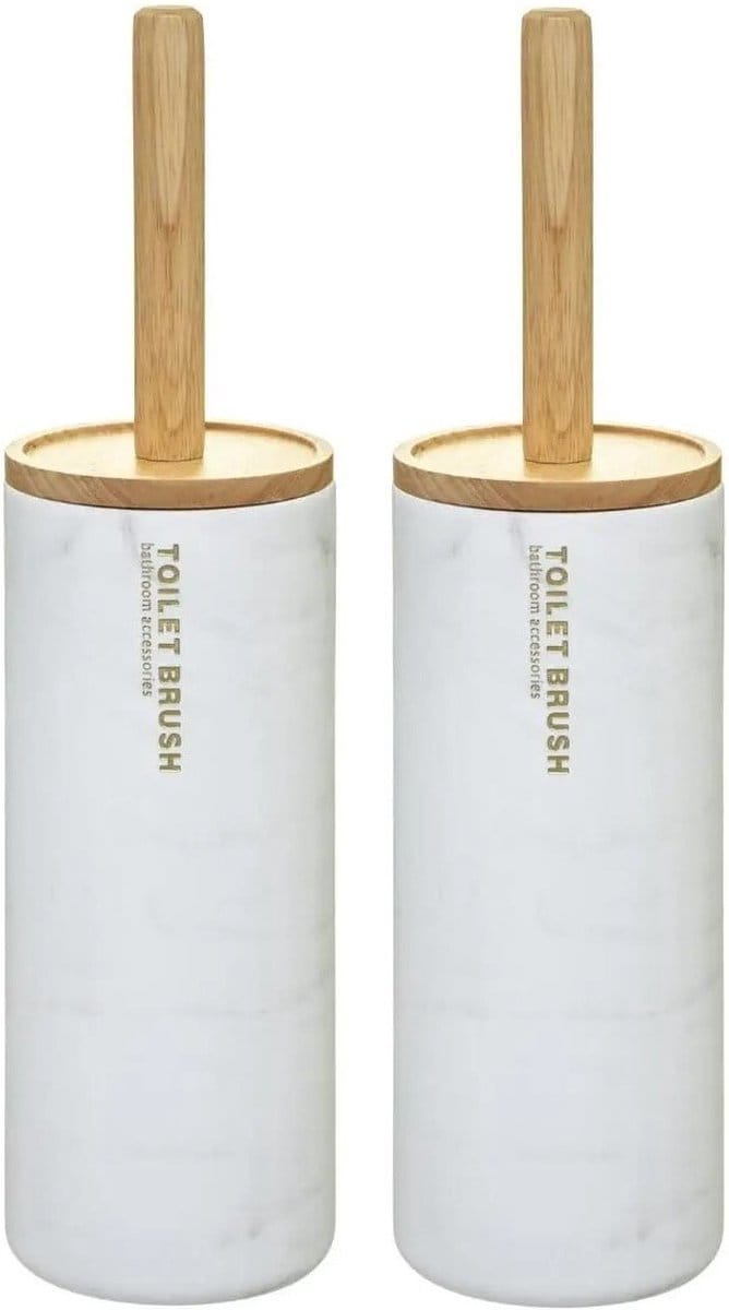 2x stuks 5five wc-/toiletborstel met houder - wit met marmer effect - kunststof/bamboe - 38 cm