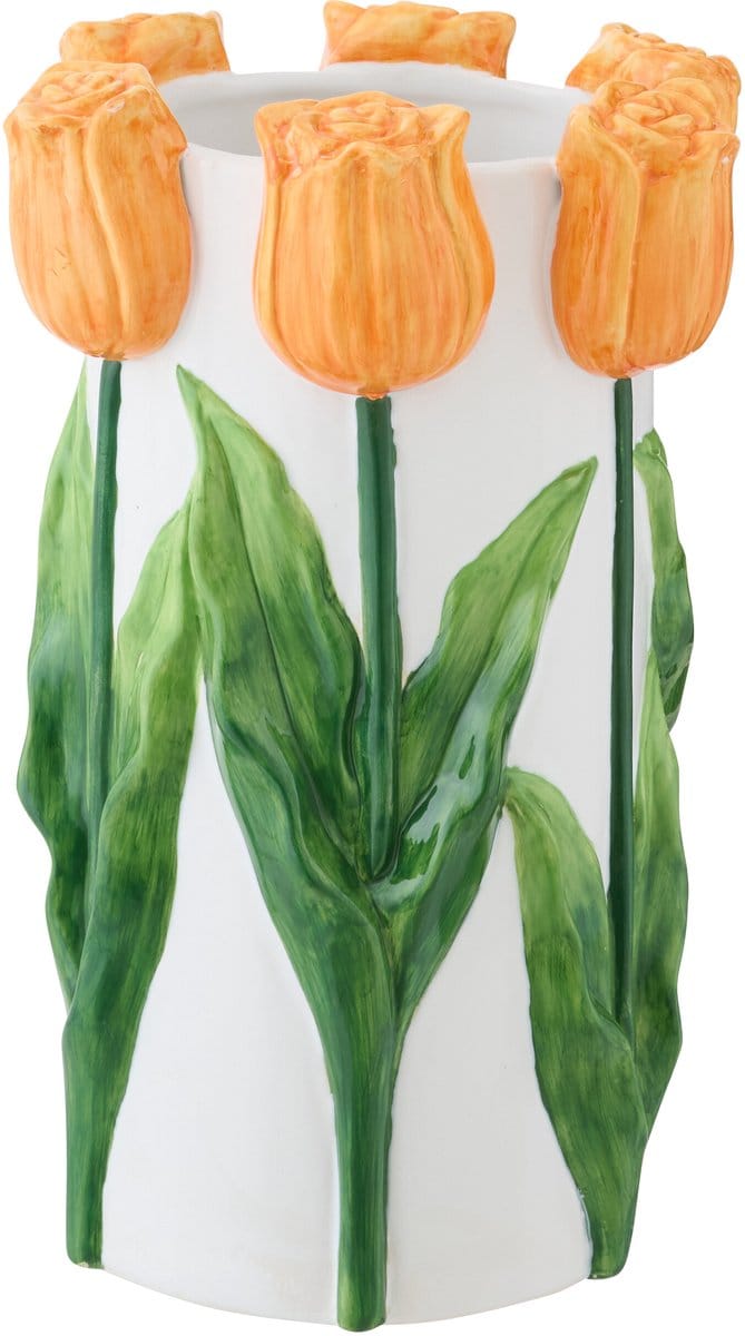 J-Line bloempot Tulp - keramiek - wit/oranje - medium