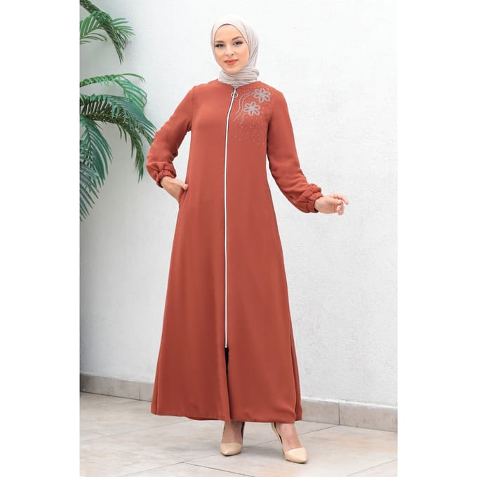 Met rits Chiffon Evening Abaya Zalm
