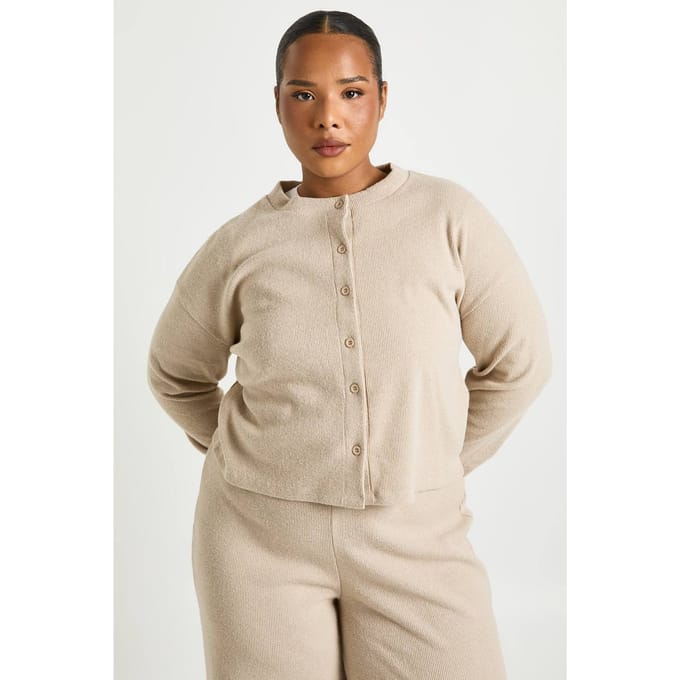 boohoo Dames Plus-knop Voorkant Gebreide Zachte Rib-top | Steen | Maat: 50
