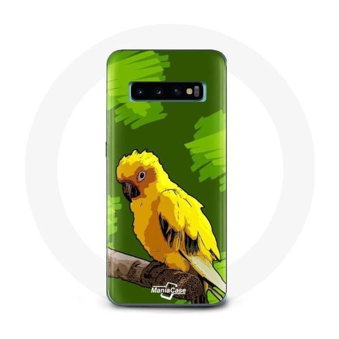 Coque pour Samsung Galaxy S10 Plus Oiseaux de Perruches jaune Fond Vert