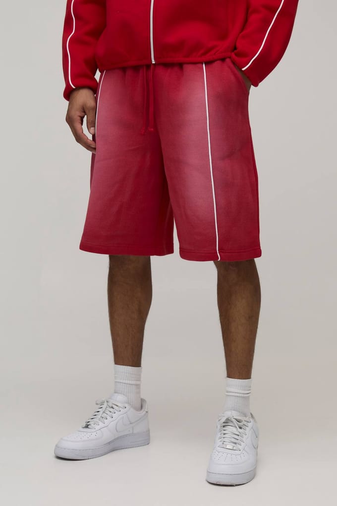 Baggy Fit Spray Wash Piping Jersey Short | Red | Size Medium