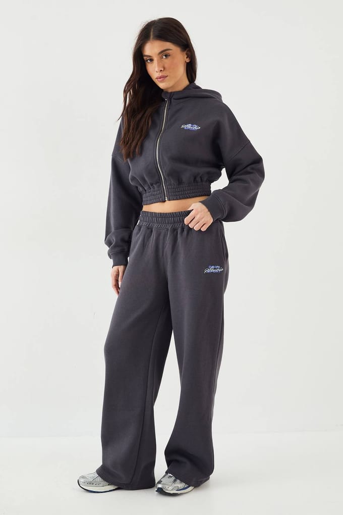 Dames DSGN Studio Sport Boxy Crop Zip Through Hoodie | Slate Grey | Maat: Small