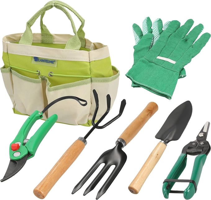 Complete Tuingereedschap Set 7 Delen met Tas - Snoeischaar, Tuinhandschoenen, Schep en Hark