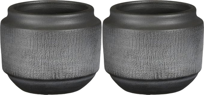 Mica Decorations - plantenpot/bloempot - 2x - zwart met relief - D15/H13 cm