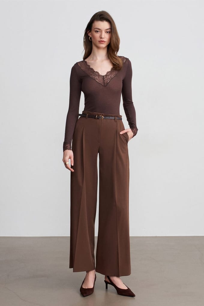 Vrouwen Riem Taille Wijde Pijpen Crepe Broek