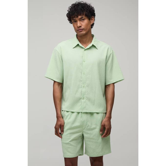 Gestreept Seersucker Oversized Boxy Shirt & Relaxed Short Set | Sage | Size Medium