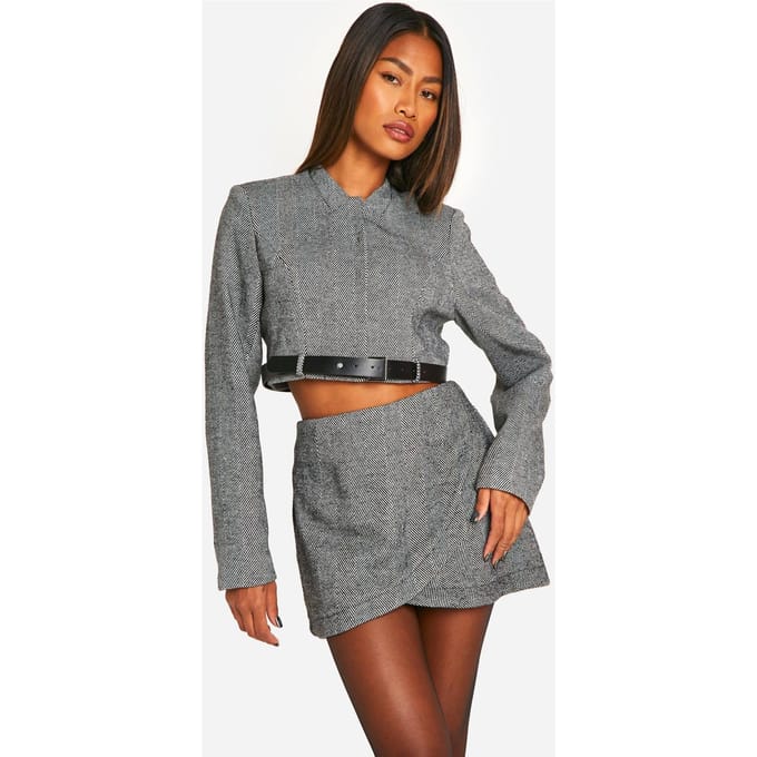 boohoo Dames Herringbone Wrap Front Mini Rok | Black | Maat: 10