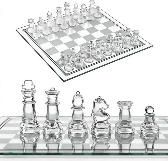 Schaakspel - Glazen spel - Strategisch spel - Elegant design - 25 x 25 cm - Transparant