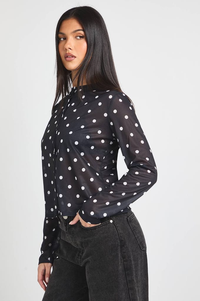 boohoo Dames Polkadot-print mesh top met knoopsluiting | Black/White | Maat: 8