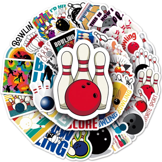 Bowling Stickers met Pins, Bowlingballen, Bowlers en Teksten Bowlingtas - Klein formaat 4x4CM