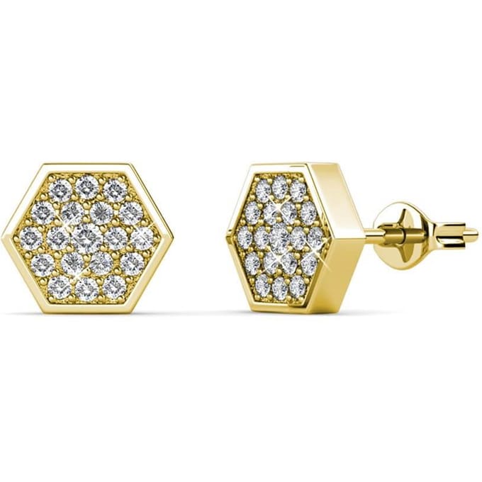 Hexagon oorbellen - goud en kristal