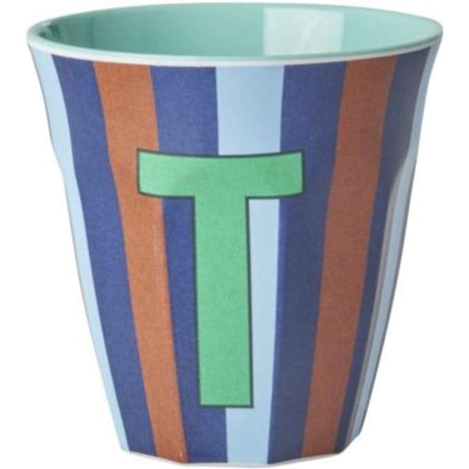 Rice melamine beker medium gestreept letter t, blauw
