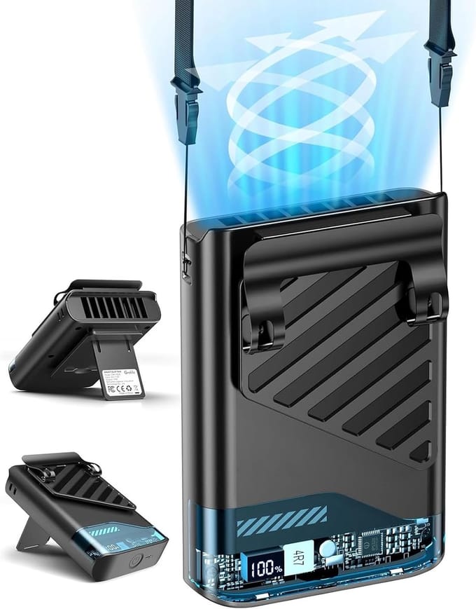 4-in-1 draagbare ventilator - heup/tafel/hand/hals ventilator - 5 snelheden - 4000mAh batterij - LED display