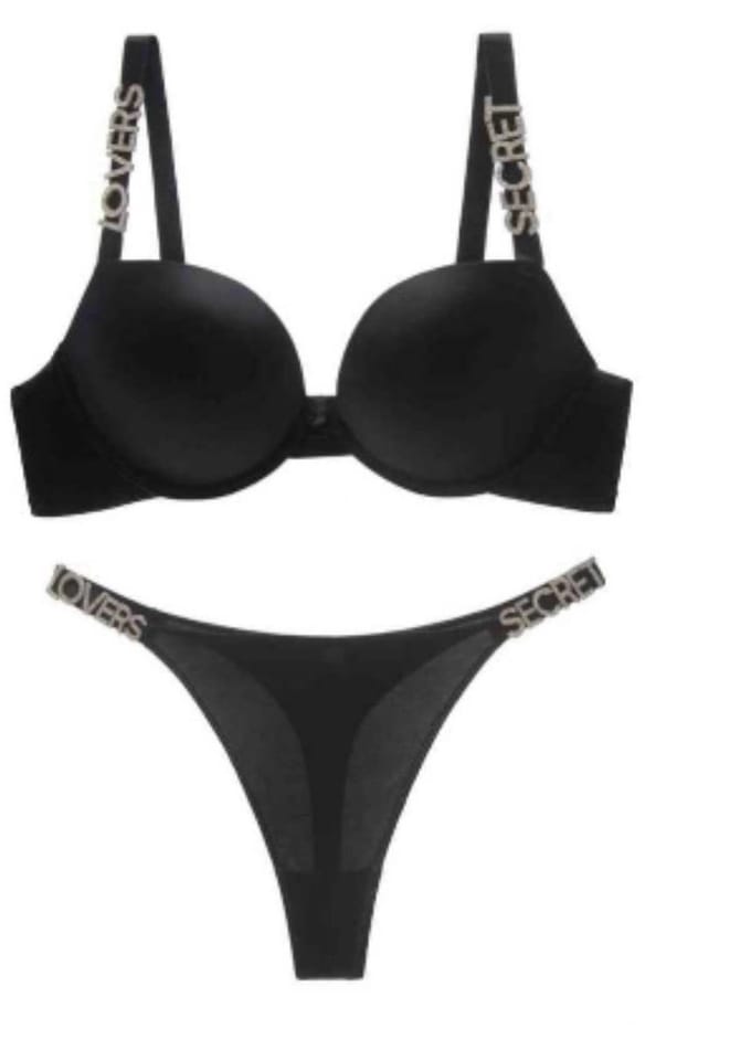 Beha set 20013 - Push up - Effen glanzend met steentjes - 85C zwart
