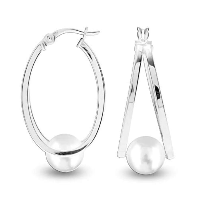 Vrouwen Ovale Hoops met Witte Parel, 925 Sterling Zilver BIPE030