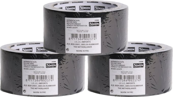 Benson ducttape/ reparatietape - 3x rollen - universeel - zwart 10 meter