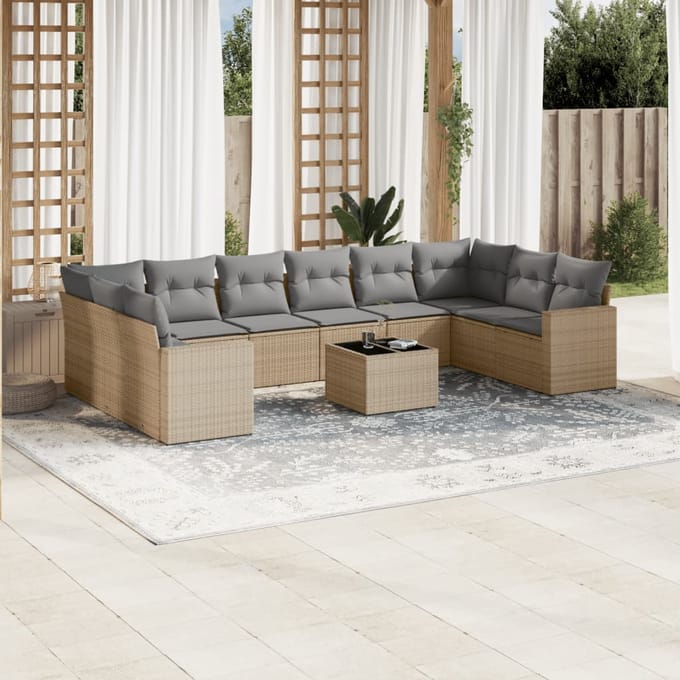 vidaXL - 11-delige - Tuinset - met - kussens - poly - rattan - beige