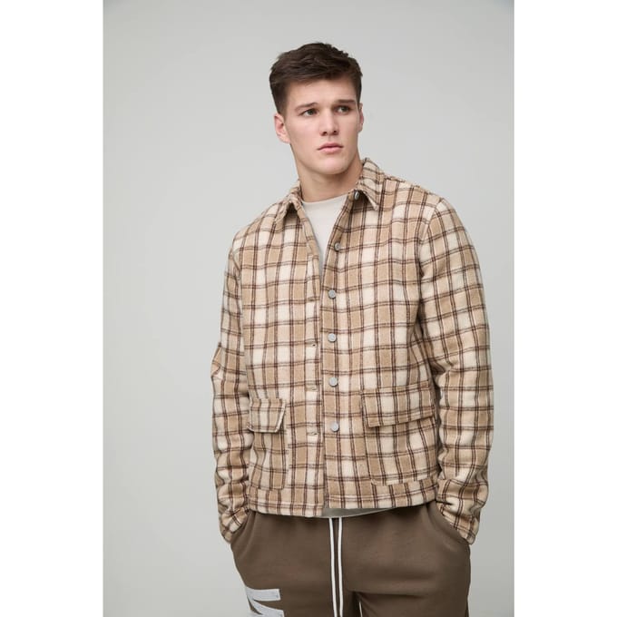 Tall Borg Lined Brushed Check Oversized Overshirt | Stone | Size Small