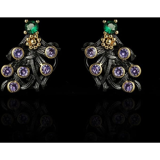 Boucles d'oreilles fleur en zircon violet pour femmes, élégantes et classiques, boucles d'oreilles noires et dorées black
