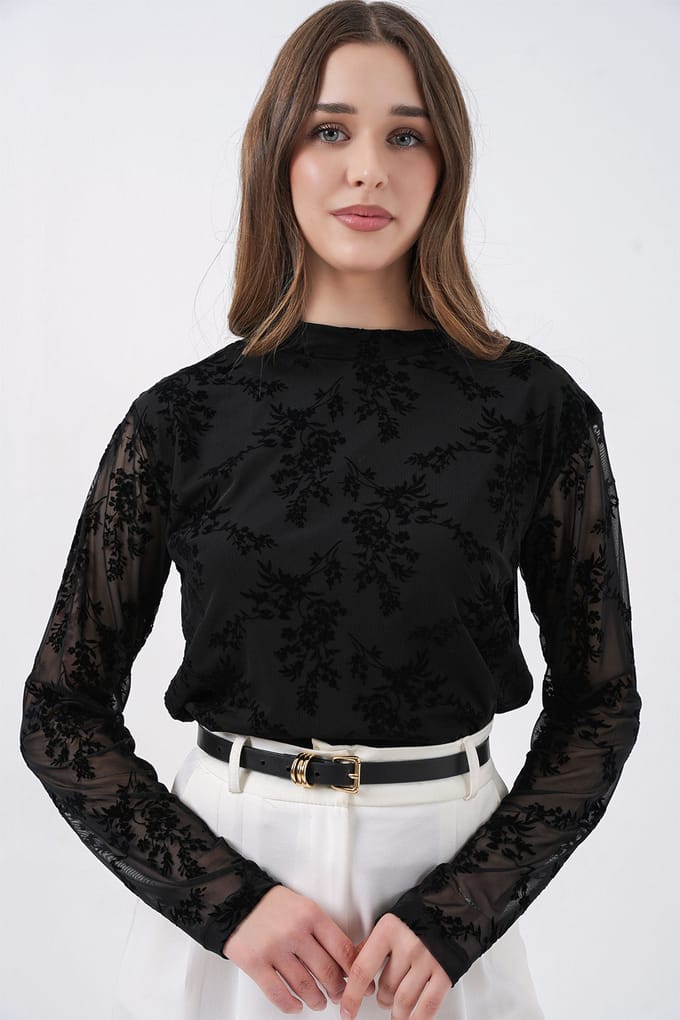 Geprinte Flock Crew Neck Blouse