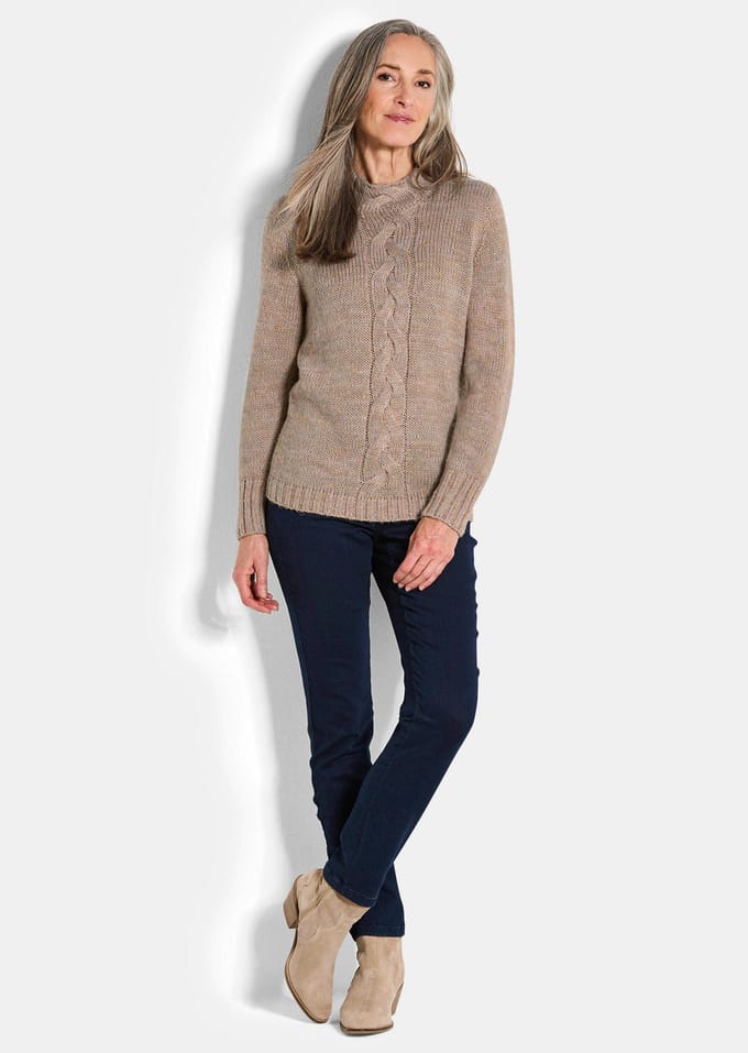 Tricot pullover met kabelpatroon - beige / gedess. - Gr. 48 van Goldner Fashion