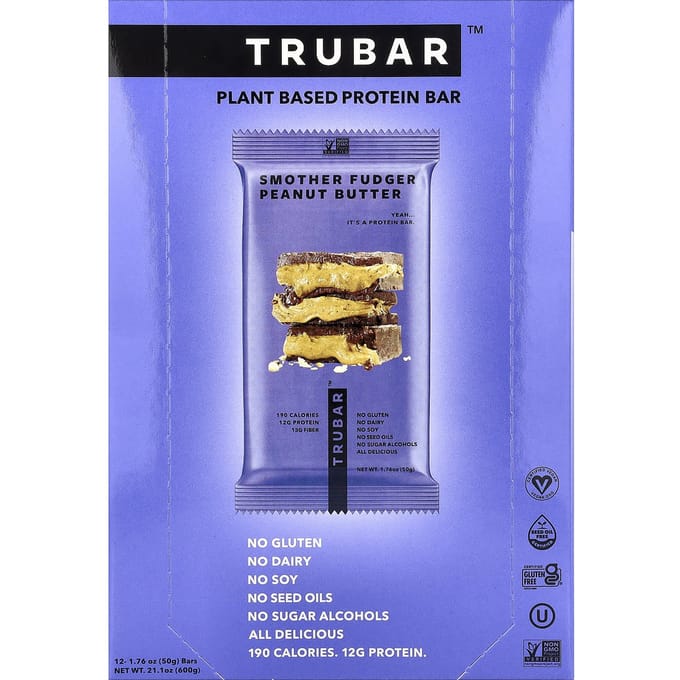 Trubar, Plantaardige Eiwitreep, Gladder, Pindakaas, 12 Repen, 50g (1,76 oz) Elk