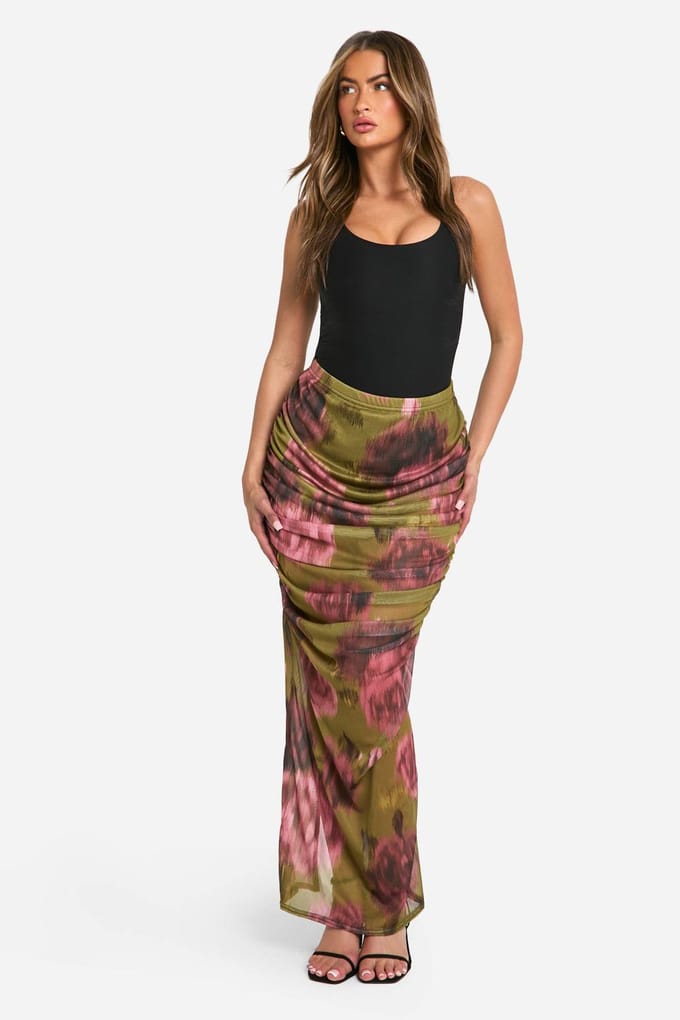 boohoo Dames Florale mesh maxi-rok met ruche details | Olijf | Maat: 38