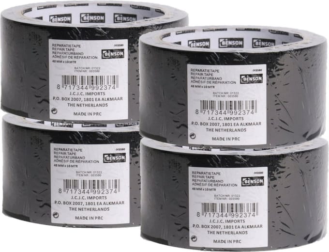 Benson ducttape/ reparatietape - 4x rollen - universeel - zwart 10 meter