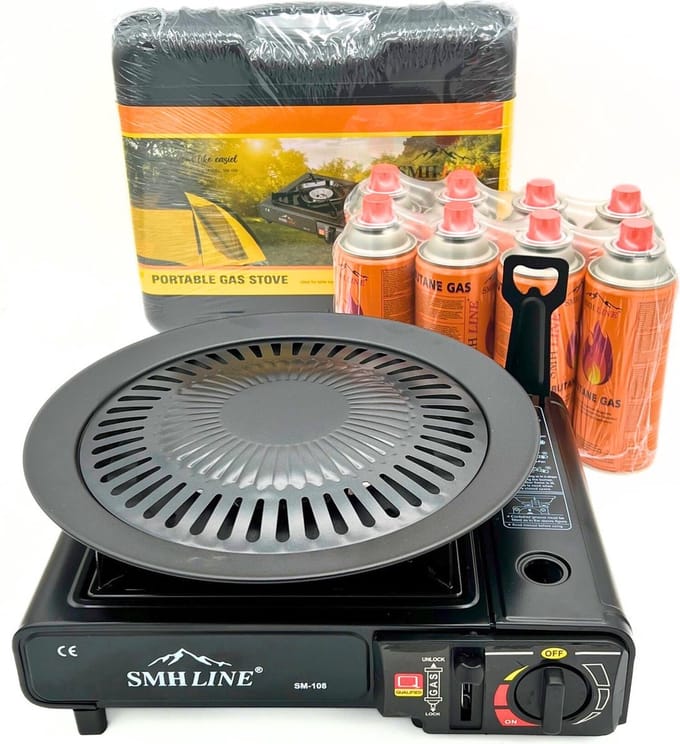 SMH LINE® Draagbaar Camping kooktoestel - Incl. Grillplaat en 4x Gasflessen