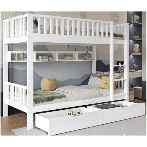 ModernLuxe Houten stapelbed - 90x200 cm - met 2 lades en planken - Wit