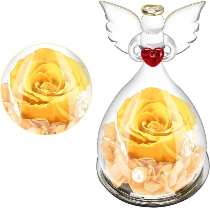 Eeuwige Roos Engel - Rozen Decoratie - Romantisch Cadeau - Handgemaakt Glas - 12 x 7.5 cm - Geel