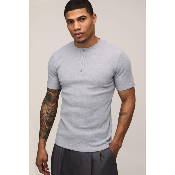 Muscle Fit Geribbeld Henley Hals Korte Mouw T-Shirt | Grey Marl | Size Medium