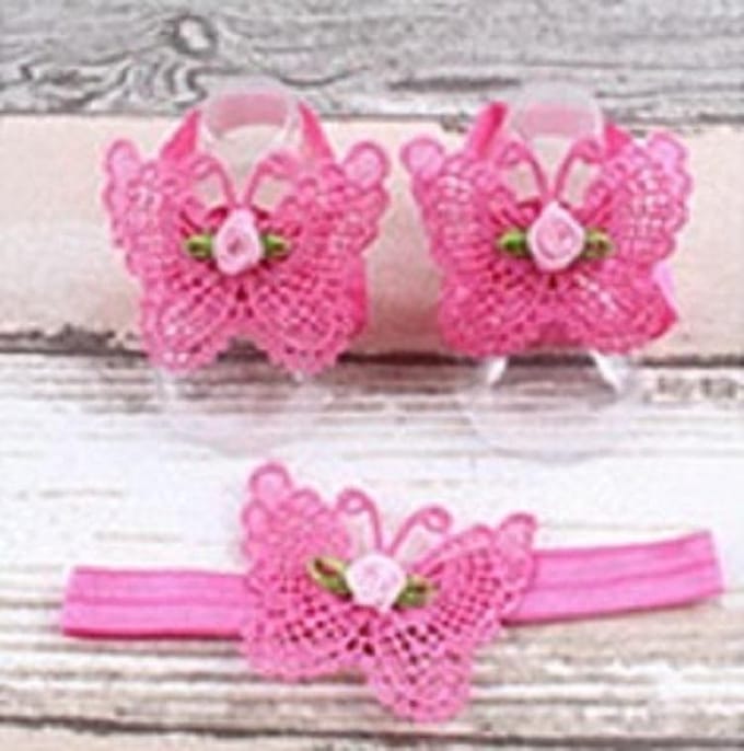 Baby Haarbandje + Voetbandjes Vlinder - Donker Roze