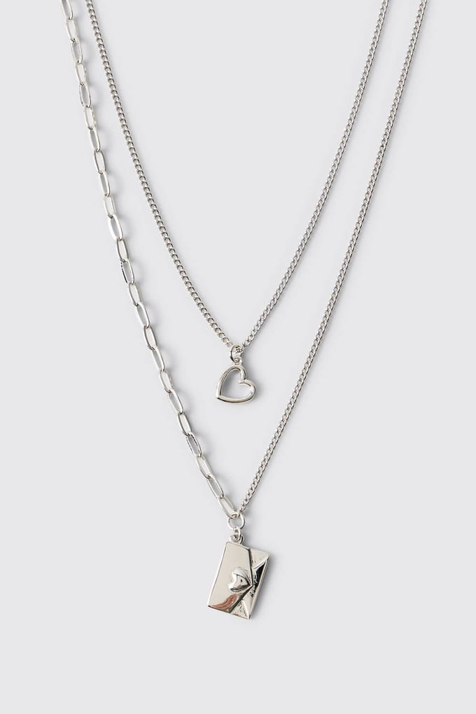 Double-Layer Silver Necklace with Envelope & Heart Charm