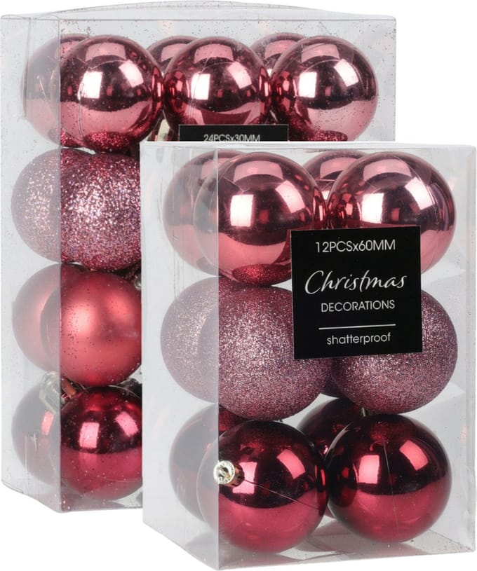 Kerstballen - 28x st - 5 en 6 cm - roze - kunststof - kerstversiering