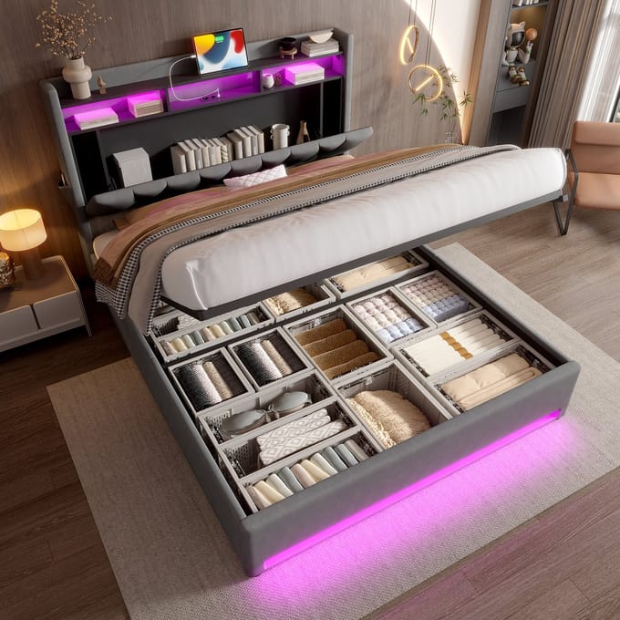 Bedframe - 140x200 cm - Modern met LED - USB-C en Opbergruimte - Gestoffeerd - Grijs