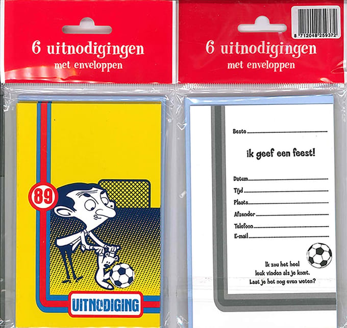 12 Uitnodigingskaartjes met envelop - Mr. Bean voetbal - 9 x 13.5 cm