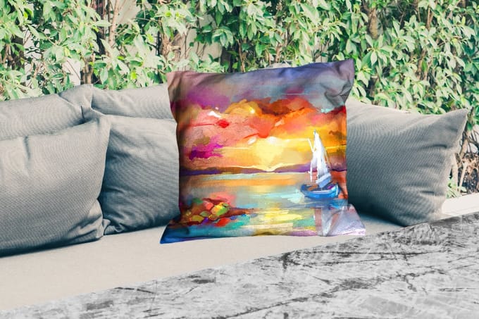 Sierkussen Buiten - Schilderij - Olieverf - Boot - Kleuren - 60x60 cm - Weerbestendig
