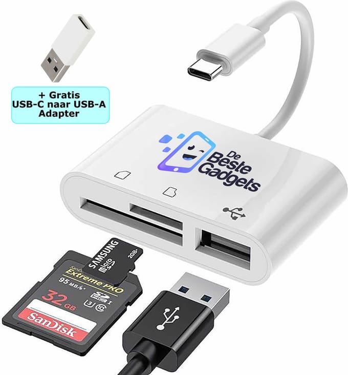 De Beste Gadgets USB-C Cardreader 3 in 1 Wit - SD kaart - Micro SD (Hoge capaciteit) en USB aansluiting - Android Cardreader - Kaartlezer - Camera Connection Kit - Met gratis USB-C naar USB-A adapter