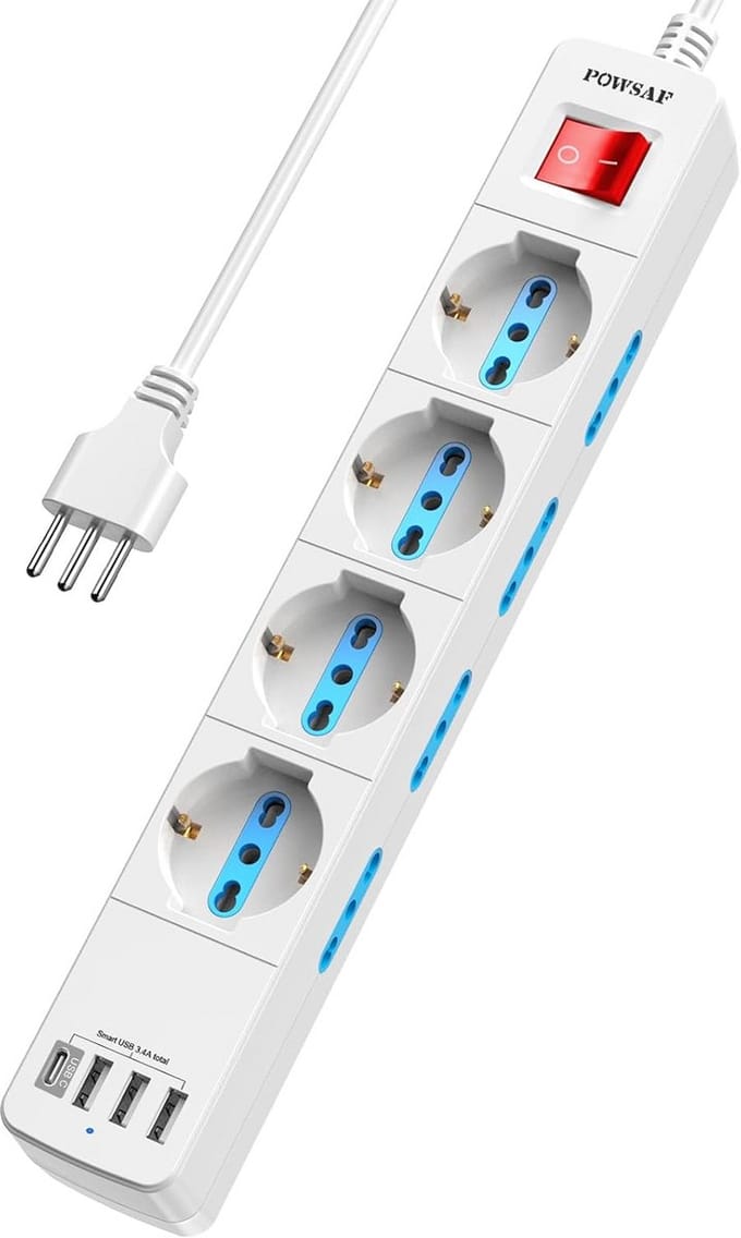 Multistekkerblok met 4 Stopcontacten en 4 USB Poorten, Wit