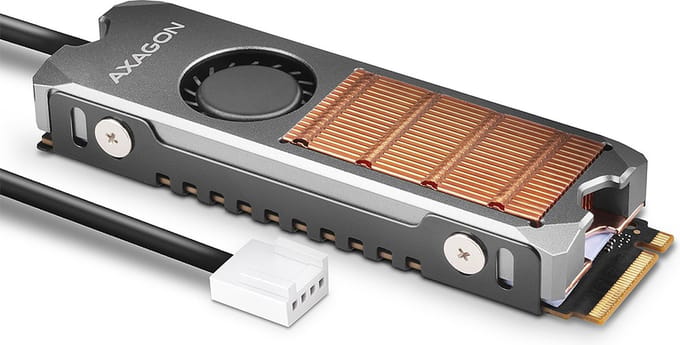 AXAGON CLR-M2FAN active fan - M.2 SSD, 80mm SSD, copper body, silicone thermal pads, height 13mm
