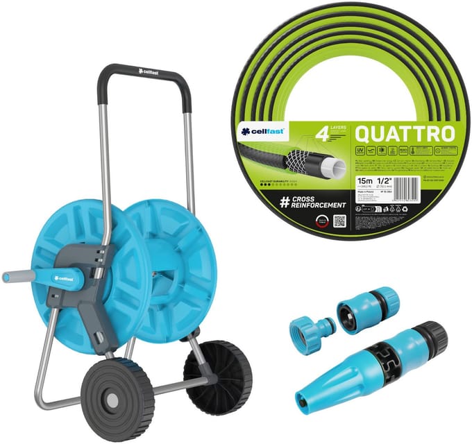 Cellfast Aluplus-slangwagen 1/2" 60 m + Cellfast Quattro-tuinslang 1/2" 15 m + set met Cellfast Basic-sproeier 1/2"